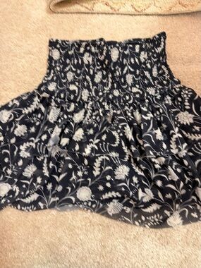 Zara Navy and White Floral Smocked Tiered Skirt